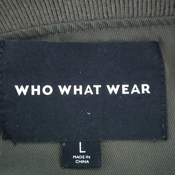 WHO WHAT WEAR Olive Bomber Jacket With Ruffles Bronze Zippered Pockets Sz LARGE - Picture 12 of 14